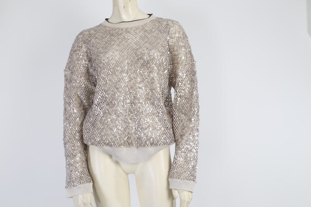 BRUNELLO CUCINELLI Dazzling Metallic Open Net Knit Crewneck Sweater Sequins XS